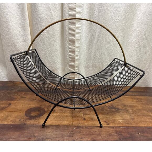 Vintage Mid Century Magazine Log Rack Stand Black & Gold Toned Perforated Metal - Picture 1 of 14